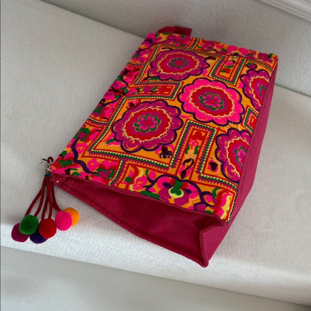 Colorful Embroidered Cosmetic bag  with Pom Poms